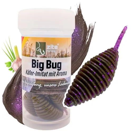 Zite Fishing Big Bug Forellenköder Gummi | Käfer-Imitat 5 cm 8 Stück | Knoblauch & Käse Flavour | Made in Germany | Phthalatfrei | UL Twitchköder am Tungsten Jighaken (Glowy Plum Knoblauch)