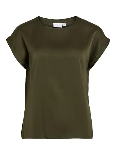 Vila VIELLETTE Damen Kurzarm-Oberteil - Elegantes, kurzärmeliges Oberteil mit Rundhalsausschnitt in Satin-Optik. Ideal für den Alltag dank leichtem, angenehmem Stoff. Perfekt kombinierbar für vielseitige Looks.