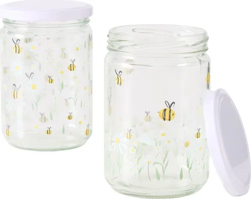 Schraubgläser HONEY, 500 ml, 2er-Set - Vorratsdosen für Lebensmittel, ideal zur Aufbewahrung von Honig und Gewürzen – mit charmantem Bienenmuster und luftdichten Deckeln für frische Zutaten.