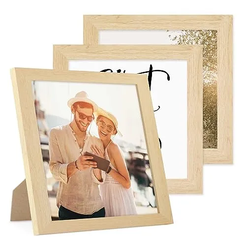 PHOTOLINI Bilderrahmen 20x20 cm MDF-Holz Natur, breite Rahmen, 3er Set, modern, bruchsicheres Acrylglas, zum Aufhängen & Aufstellen, extra Zubehör - für Ihre stilvolle Wanddekoration
