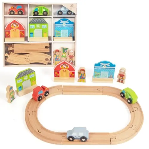 WoodenFun Holz Schiene Wagen Set Landwirtschaft, städtische Gesundheit Thema Kinder Spielzeug Holz Eisenbahn 3 4 5 Jahre (Bauernhof)