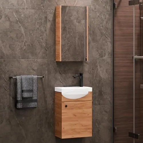 Badmöbel Set 40 cm mit Waschtisch und Spiegelschrank in Gold Eiche - Badmöbel-Set – Stilvolles Design für kleine Bäder, inkl. kompaktem Waschtisch und Spiegelschrank. Soft-Close-Türen und pflegeleichte Oberflächen bieten Komfort und Funktionalität.