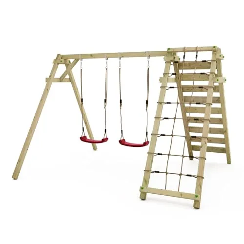 Wickey Smart Cliff Kinderschaukel, Schaukelgestell, Schaukel, Schaukelgerüst, Doppelschaukel, Holzschaukel mit Kletteranbau für Kinder im Garten mit 2 Schaukelsitzen - rot