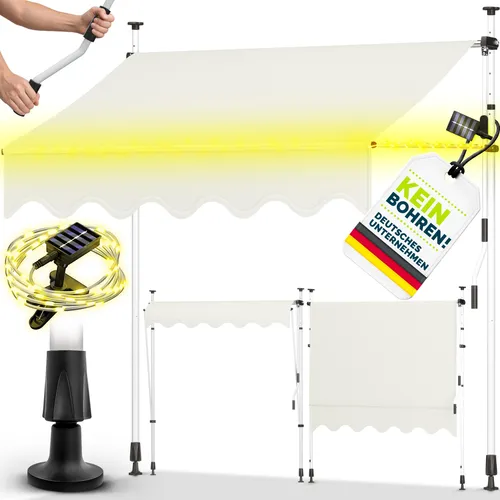tillvex Klemmmarkise 200 cm Beige mit Solar LED - Hochwertige Balkonmarkise mit Solar-LEDs, UV-beständig und höhenverstellbar. Ideal für schnellen Sonnenschutz ohne Bohren – einfach einklemmen und genießen!