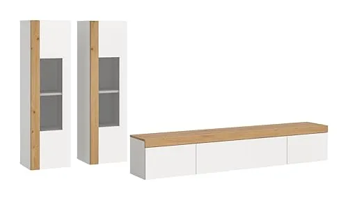 xonox 3tlg. Wohnkombination Ruda - Moderne Wohnwand für das Wohnzimmer, bietet großzügigen Stauraum mit 5 Türen und über 8 Regalfächern in elegantem Weiß-Braun.