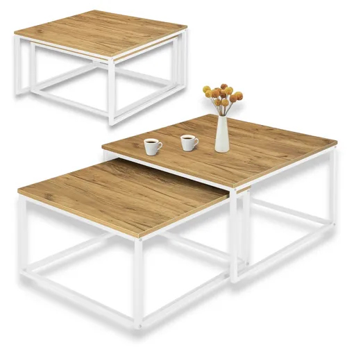 Couchtisch 2er Set Kaffeetisch, Wohnzimmertisch, Eckiger Beistelltisch, Tisch mit Metallgestell, Couchtisch im Loft-Stil