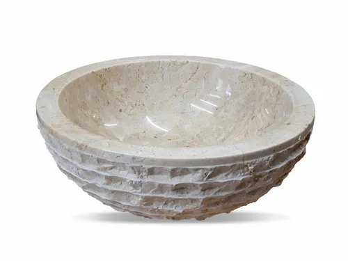 Naturstein Waschbecken Marmor - Rundes Aufsatzbecken für Bad und Küche - Elegantes Aufsatzwaschbecken aus poliertem Marmor mit rauem Bruchstein-Außendesign. Ideal für stilvolle Badezimmer und Küchen, 40 cm Durchmesser.