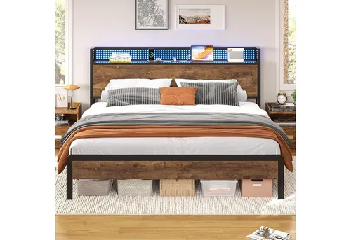 KIMENICH Metallbett mit LED-Beleuchtung – Vintage Braun, 160x200cm - Stylisches Metallbett mit integriertem LED-System und USB-Ladestation. Perfekt für modernes Wohnen, bietet Stauraum und eine einfache Montage. Ideal für Jugendzimmer oder Gästezimmer.