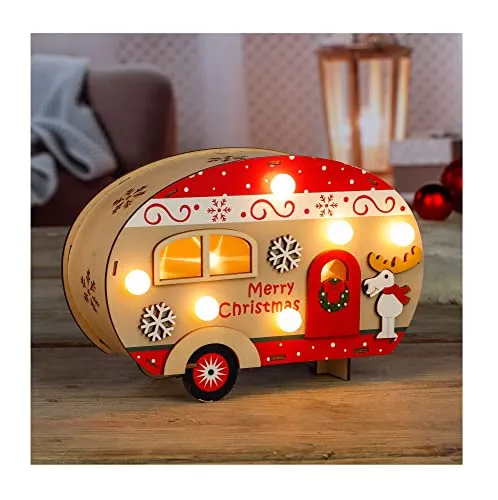 Benelando Weihnachten Wohnwagen Holz LED Tischleuchte Weihnachtsdeko innen Lichterkette