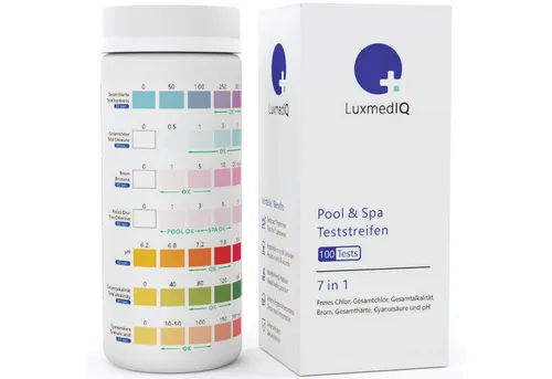 LuxmedIQ Pool-Wassertest 100x Pool & Spa Teststreifen 7-in-1 - Trinkwasser und Whirlpool, 7 Messparameter, 100-tlg.
