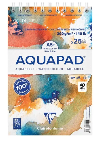 Clairefontaine Goldline Aquapad A5+ - 300g Aquarellpapier - Schreibutensilien, 25 Blatt hochwertiges 300g Aquarellpapier mit Doppelspiralbindung, ideal für Künstler und kreative Projekte.