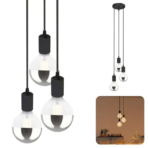 SSC-LUXon PARU Hängeleuchte 3-flammig Retro - Industrial Style Pendellampe mit Textilkabel inkl. Kopfspiegel XL Globe Lampen