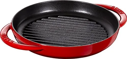STAUB Grillpfanne 22 cm aus Gusseisen, Kirschrot - Pfanne für alle Herdarten inkl. Induktion, mit spezieller Grillstruktur für perfekte Grillstreifen und saftiges Braten von Steaks und Filets. Kompakt und einfach zu verstauen.
