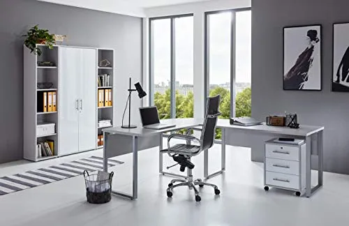 BMG-Moebel.de Büromöbel komplett Set Arbeitszimmer Office Edition - Hochwertiges Büromöbel Set in Lichtgrau/Weiß Hochglanz, inkl. Winkelschreibtisch und abschließbarem Rollcontainer – ideal für ein modernes Arbeitszimmer.