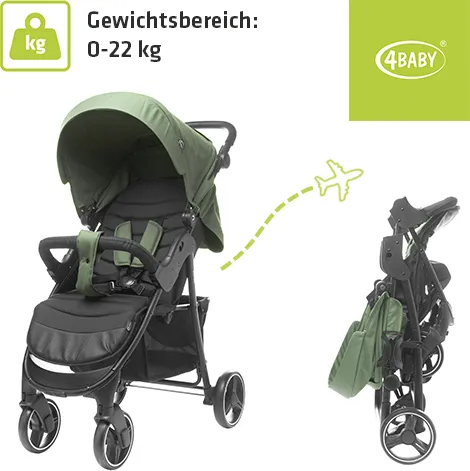 4BABY RAPID Buggy compact bis 22 kg - LIEGEPOSITION, klein und zusammenklappbar in OLIVE - Buggys - Der 4BABY RAPID Buggy bietet eine verstellbare Liegeposition, gefederte Räder und eine kompakte Faltgröße für optimale Mobilität und Komfort für Ihr Kind.