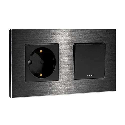 Navaris Lichtschalter mit Schuko Steckdose - Eleganter Glas Wippschalter in Schwarz - Steckdosen & Zubehör - Stilvoller Lichtschalter mit integrierter Schuko Steckdose, ideal für moderne Räume und bequemes Anschließen weiterer Geräte.