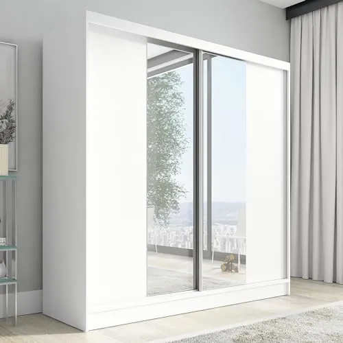 A&J MöbelLand Schwebetürenschrank Solo Kleiderschrank 2-türig mit Spiegel Garderobenschrank 200 cm (Weiß)