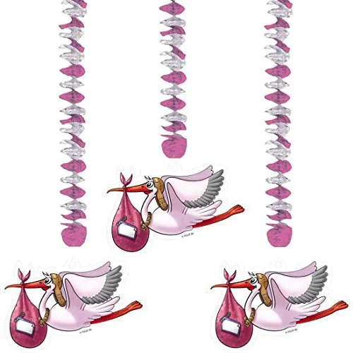 NET TOYS Hängedeko Geburt Mädchen Deko Spiralen Storch 3tlg Klapperstorch Wirbel Neugeborene Deckenhänger Pullerparty