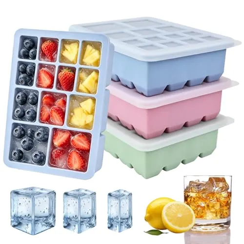 Eiswürfelform mit Deckel Silikon, 3 Größen, 13 Fächer, BPA-frei, Stapelbar | 3er Set Silikon Eiswürfelbehälter mit Deckel für Whiskey, Cocktails & Kaffee, leicht lösbar, geruchsneutral, platzsparend