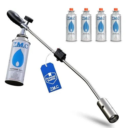 ZMC Unkrautvernichter 2,5 kW + 4 Gaskartuschen 227g, Unkrautbrenner mit Piezo-Zündung, Abflammgerät mit einstellbarer Flammenleistung bis zu 1400 °C