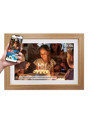 Denver PFF-1543LW - Digitaler Wi-Fi Bilderrahmen 15,6 Zoll Full HD IPS Touchscreen, eleganter Holzrahmen mit drahtlosem Teilen und energiesparender Timer-Funktion