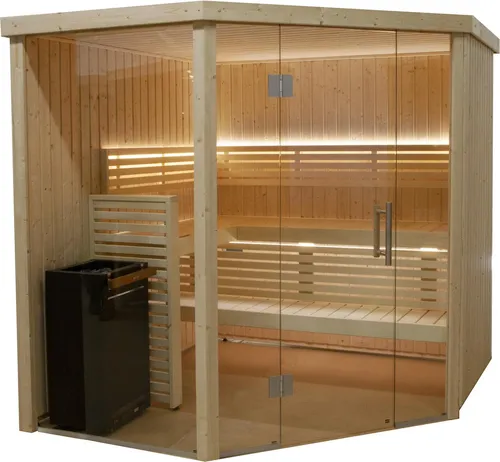 Harvia Variant View Corner Large Sauna - Saunakabine aus Fichte, großzügige Maße von ca. 206 x 203 x 200 cm, perfekt für entspannende Wellnessmomente zu Hause.