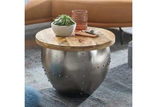 FINEBUY Couchtisch FB24276 - Rund aus Mango Massivholz & Metall - Couchtisch im Industrial-Style mit Stauraum, aus hochwertigem Mangoholz und stabilem Metallgestell, ideal für ein modernes Wohnzimmer.