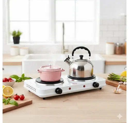 Melko Doppelkochplatte Camping Kochfeld elektrisch Doppel Herdplatte 2500 Watt Leistung Weiß, Flamme 5-fach stufenlos regulierbar durch Drehknopf