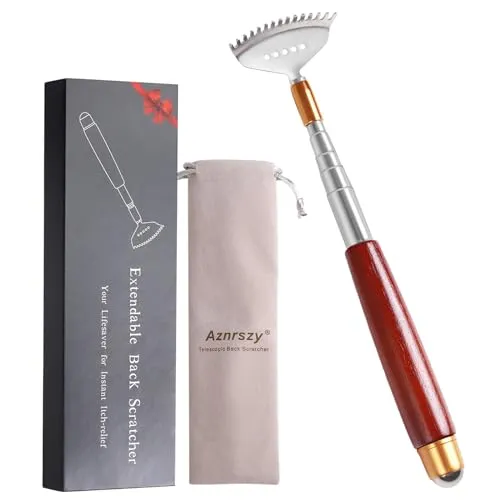 Aznrszy Rückenkratzer Ausziehbar mit Massageroller-Hochwertige Teleskopstange Edelstahl mit Holzgriff bis 61CM, zum Kratzen am Kopf, Rücken und Ganzkörper