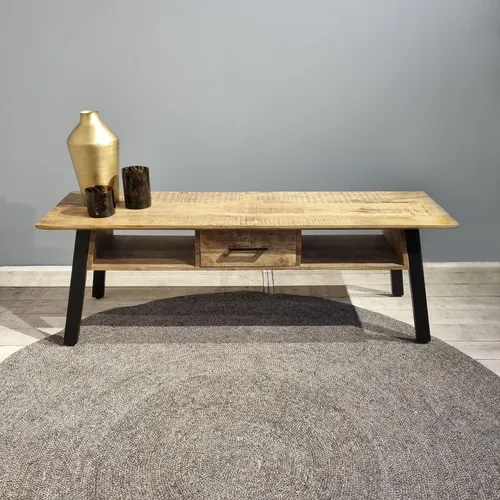 Benoa Berlin TV-Schrank 150 cm – Minimalistisch und nachhaltig - Stylisches TV-Lowboard aus naturbelassenem Mangoholz und pulverbeschichtetem Stahl. Mit offenen Fächern und einer Schublade bietet es praktischen Stauraum für Ihre Mediengeräte.