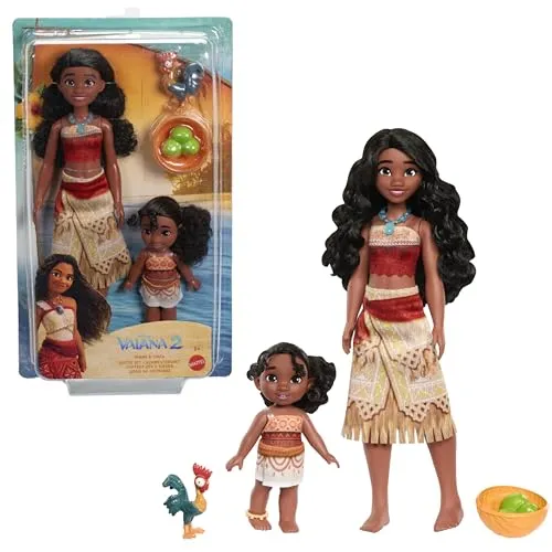 Mattel JBT66 Disney Vaiana 2 Schwestern Set - Puppen & Spielsets – Enthält eine 30 cm große Vaiana Puppe und eine 12 cm kleine Schwester, beide mit abnehmbarer Kleidung für kreatives Spielen!