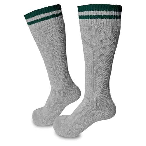 Steigenhöfer Manufaktur Gestreifte Lange Trachtensocken Herren und Damen aus Baumwolle - Trachtenstrümpfe für Oktoberfest und andere Feierlichkeiten - Wiesn Unisex Socken - Grau-Grün - 43-44