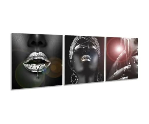 artissimo, Glasbild mehrteilig XXL, 3-teilig ca.150x50cm, AG5291A, Lippen Frau Silber, Fashion, Bild aus Glas, 3-Teiler, moderne Wanddekoration aus Glas, Wandbild, Wohnzimmer modern