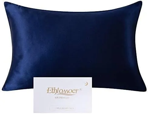Ethlomoer Kissenbezug aus natürlicher Reiner Seide für Haar und Haut, beidseitig 19 Momme, 600 Fadenzahl, Design mit verstecktem Reißverschluss, 1 Stück 40x60cm Marine