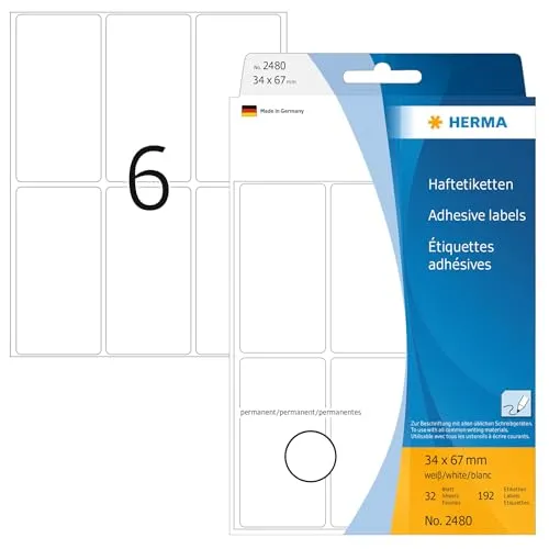HERMA 2480 Vielzweck-Etiketten - 192 Stück, 34 x 67 mm, selbstklebend und umweltschonend für Haushalt, Schule und Büro