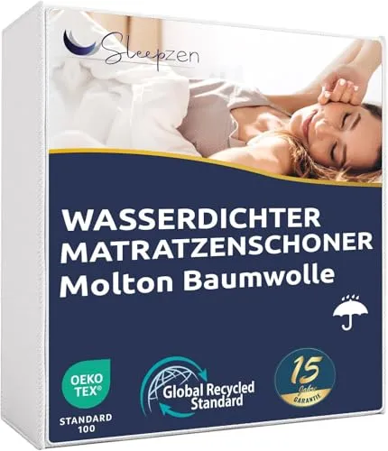 SLEEPZEN - Molton Matratzenschutz 150x200cm Wasserdicht - Atmungsaktiv, Geräuscharm, 100% Baumwolle, Matratzenschoner 150 x 200, Hochwertige Qualität, Oeko-Tex®-Zertifiziert, Spannbetttuchform