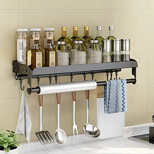 ITHKFU Gewürzregal,Küchenhalterung ohne Bohren,Gewürzregal Hängend Mit Stangen und 10 Haken, Küchenregal Wand für Gewürze,Edelstahl Wandmontage Gewürzregal für Badzimmer und Küche,60cm Schwarz