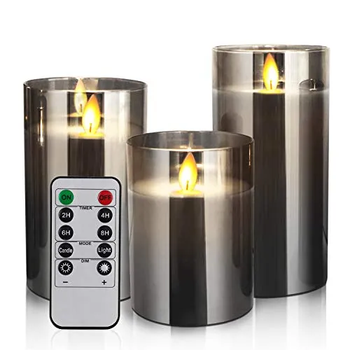 Led Kerzen,Grau Glas Kerzen mit Timer und Fernbedienung,Flackernde flamme Batteriebetriebene Candle,Elektrische Stumpenkerzen 3er Set für weihnacht,deko schlafzimmer,Wohnzimmer,badezimmer 4/5/6inch