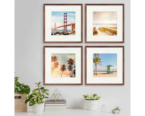 PHOTOLINI Bilderrahmen Echtholz 4er Set 30x30 cm - Einzelrahmen aus Echtholz mit bruchsicherem Acrylglas, ideal für die stilvolle Dekoration von Wohnräumen. Perfekt für individuelle Bilderwände mit einfachem Aufhängeset.