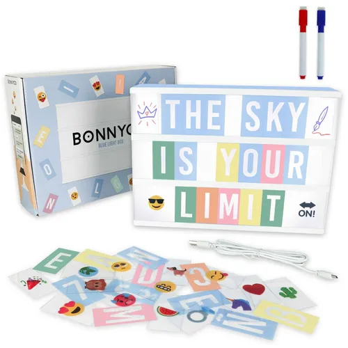 BONNYCO Light Box Blau A4 mit 400 Buchstaben, Emojis, 2 Stifte, USB, Ä Ö Ü ß