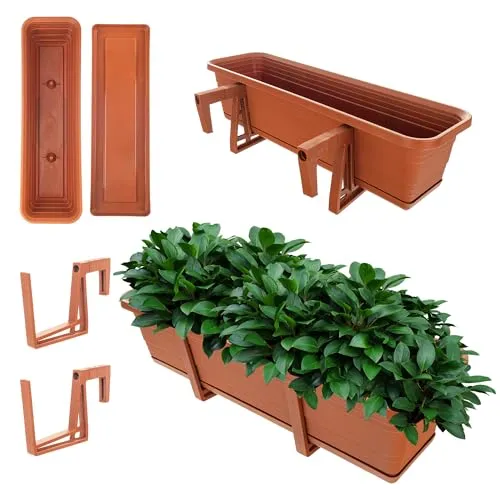 KADAX Blumenkasten mit Untersetzer im Set, mit oder ohne Blumenkastenhalterungen, Balkontopf aus Kunststoff, Pflanz-Kasten, Geländerkasten, Blumentopf (Ziegelrot, 60cm + Halterungen)