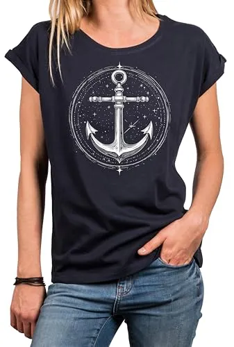 MAKAYA Damen Shirt mit Anker Motiv Sommer Top für Frauen Ankerbraut Ankershirt Nautische Maritime Oberteile Blau L