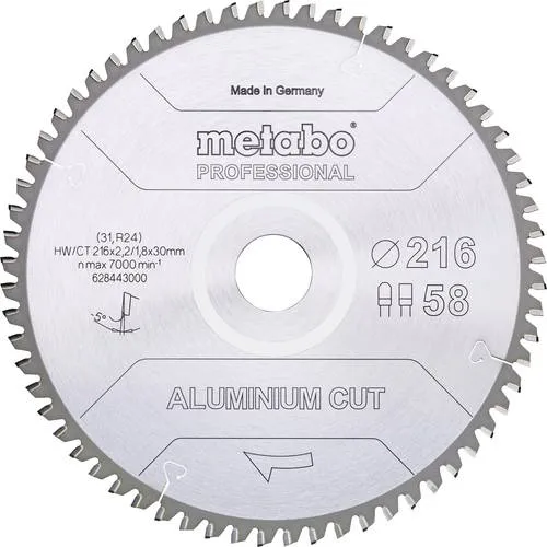 Metabo Kreissägeblatt Aluminium Cut Professional 216 x 30mm - Metallkreissägeblätter für präzise, geräuscharme Schnitte in Aluminium. Hohe Standzeit dank bester Hartmetallqualität und feingeschliffener Zähne. Made in Germany.