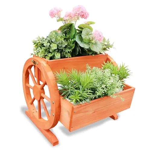 Habau 691 Blumenkasten mit Wagenrad, 44 x 42 x 40 cm, Rotbraun | Dekoratives Wagenrad