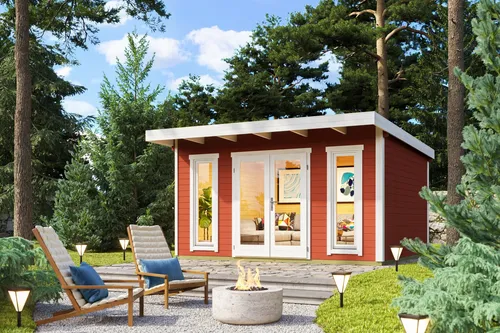 Gartenhaus Blockhaus Pultdach 44 mm Sizilien 1 rot - Gartenhaus mit 13,69 m² Nutzfläche und abschließbarer Doppeltür, ideal für Gartenlagerung oder Hobbyraum. Hergestellt aus hochwertigem Holz mit Pultdach für zusätzliches Design.