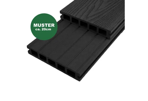 Woodstore24 Terrassendielen WPC Hohlkammerdiele 25 mm 3D-Holzoptik anthrazit, 5-Kammer, geriffelt, 25 mm Stärke, (Packung, 1-St., Handmuster 20 cm), Komplettset, Unterkonstruktion, Holzoptik, wetterfest, rutschfest