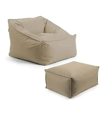 mokebo Gartensessel Sunnyboy mit Pouf - Outdoor Sitzsack in Khaki - Gartenstühle für drinnen & draußen! Der wasserabweisende Sitzsack bietet maximalen Komfort und individuelle Anpassung durch EPS-Füllung - ideal für Entspannung im Garten oder auf dem Balkon.