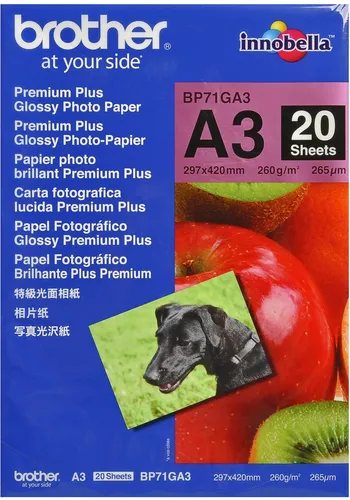 Brother Original BP71GA3 Fotopapier A3 glänzend - Druckerpapiere, 20 Blatt, perfekt für Inkjetdrucker, bietet brillante Farben und 100 Jahre Lichtechtheit, ideal für hochwertige Fotodrucke.