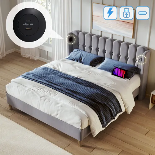 STILVORA Polsterbett 160x200cm Doppelbett mit USB Typ-C Ladefunktion,Jugendbett mit Lattenrost,Samt,Grau(Ohne Matratze)