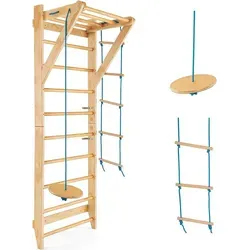 COSTWAY Sprossenwand, Kletterwand aus Holz, Klettergerüst Indoor, Turnwand Outdoor Turnwand, Gym Sportgerät, Tragfähigkeit von 100 kg - Naturbelassen